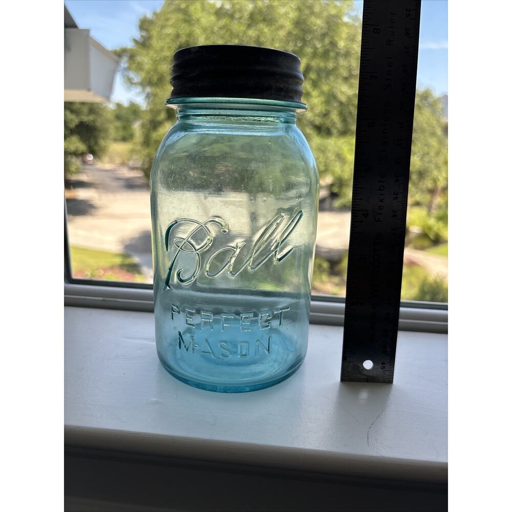 Vintage Ball Perfect Mason Blue Green 1 Quart Canning Jar w/Lid